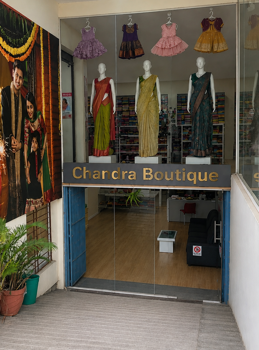 Tailor at Chandra Boutique hand-finishing a bridal blouse with aari embroidery in Kasturi Nagar, Bangalore